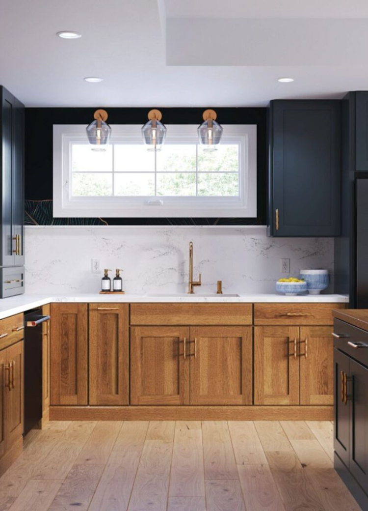 Blue and brown cabinets in a kiba kitchen display at D&M Interiors