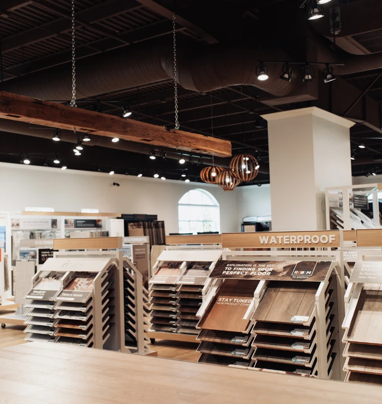 Waterproof flooring selection in showroom