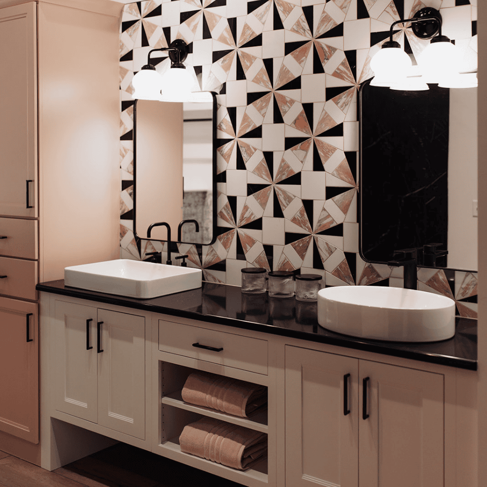 Kiba Studios bathroom display with bathtub and walk-in shower at D&M Interiors