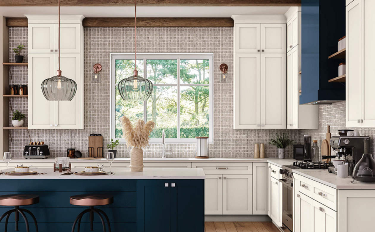 Red mosaic tile backsplash on kitchen walls