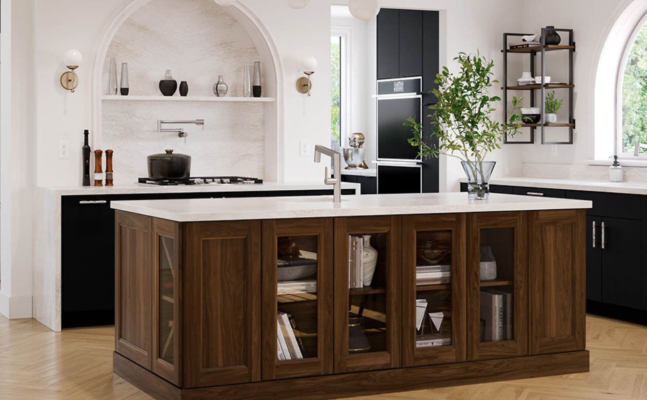 Custom wood cabinetry in a kitchen island with white countertops