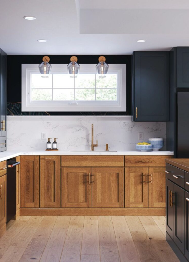 navy blue and brown cabinets in a kitchen