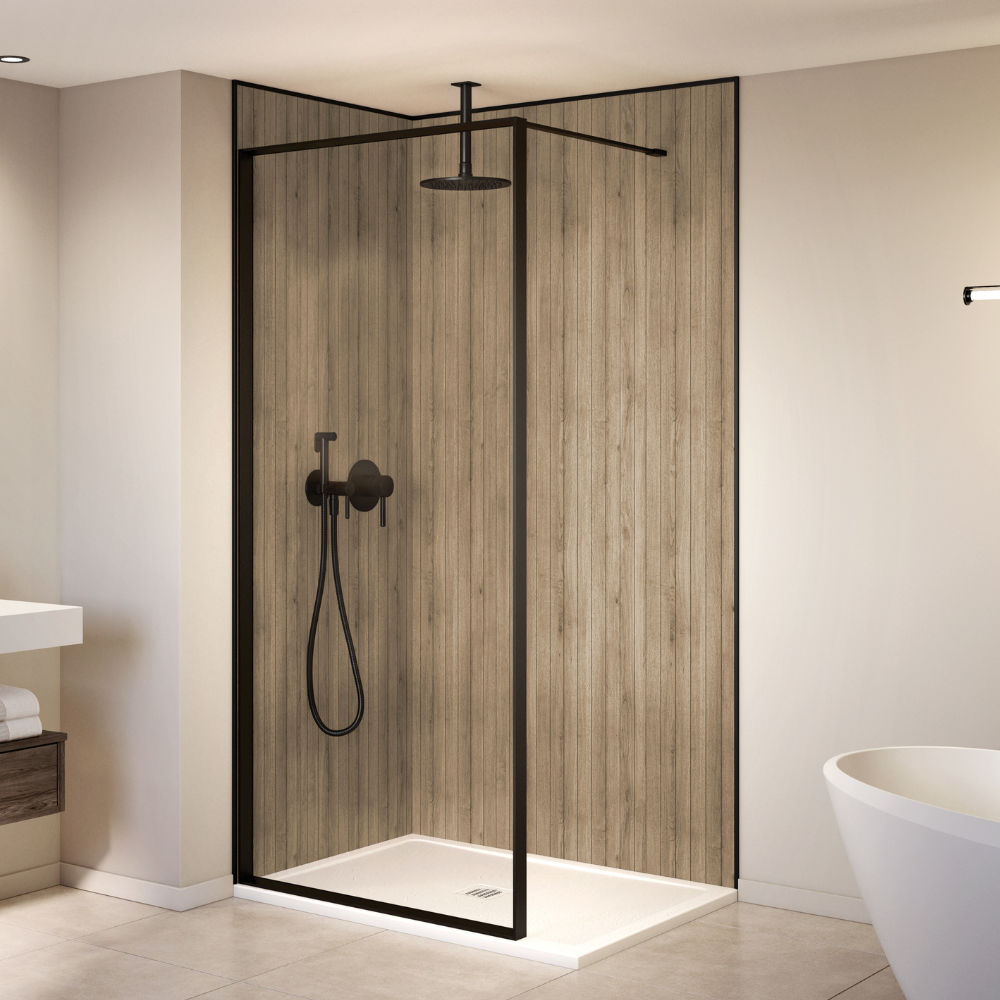Modern walk-in shower with glass door