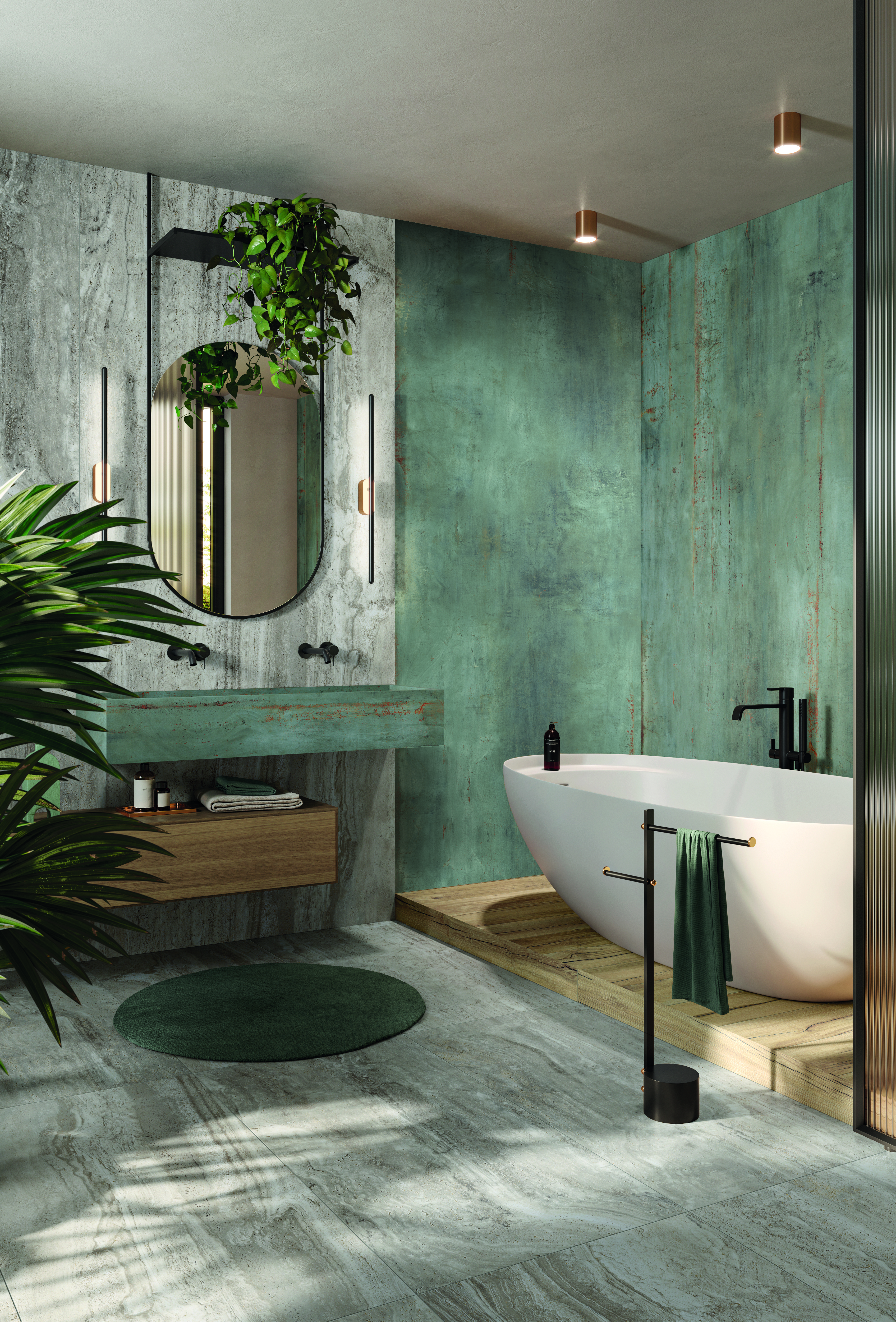 Wood-look tile in a modern bathroom with claw tub, glass backdrop and slate tiled wall